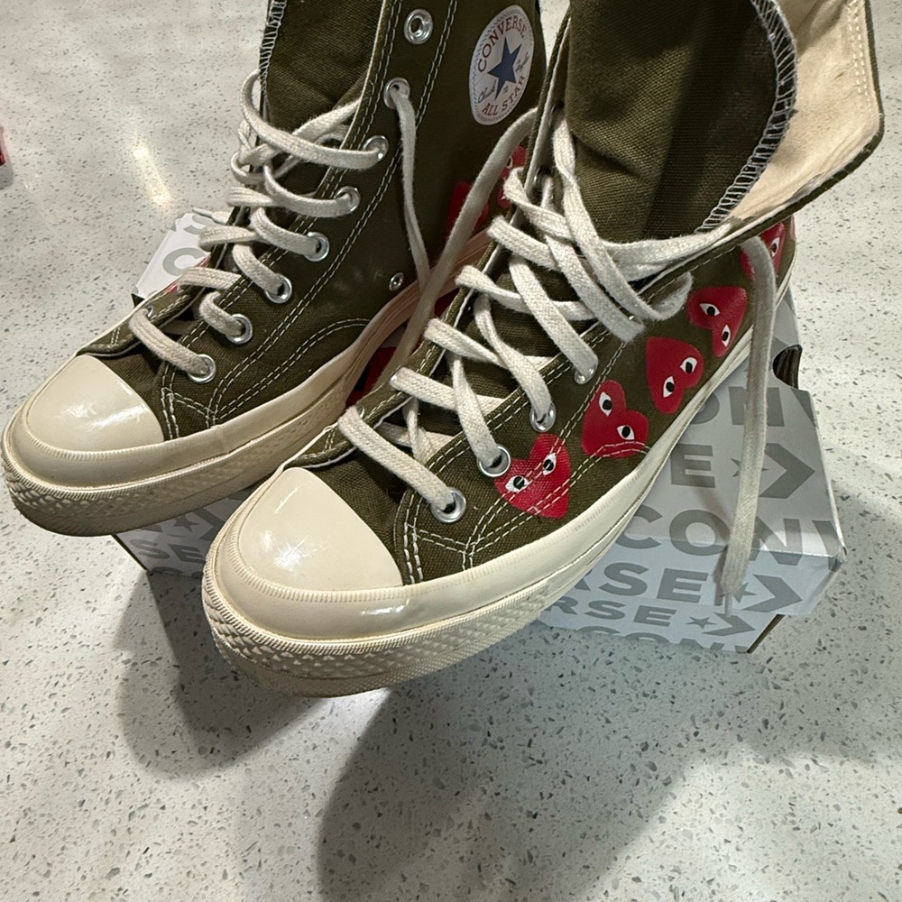 Converse Olive High-Tops with Red Heart Accents